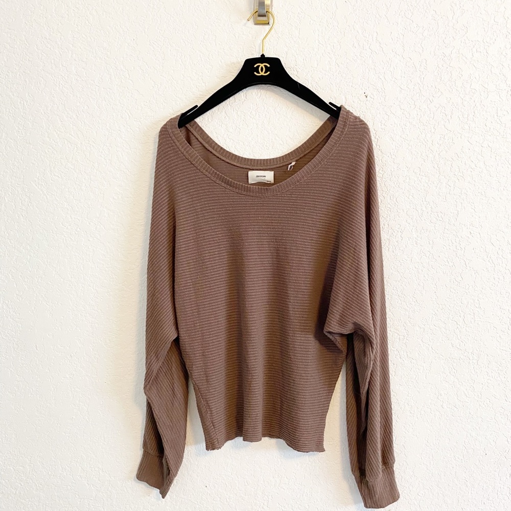 Joah Brown Long Sleeve Top Shirt OS One Size Ribbed Lightweight Stretchy